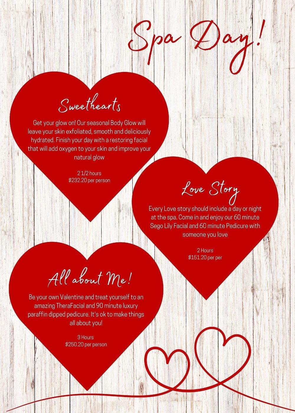 Spa Day ! Pre-Valentine's Day Packages. Valentine's Day Present reveal Card | Melindas Med Spa & Salon in North Myrtle Beach, SC